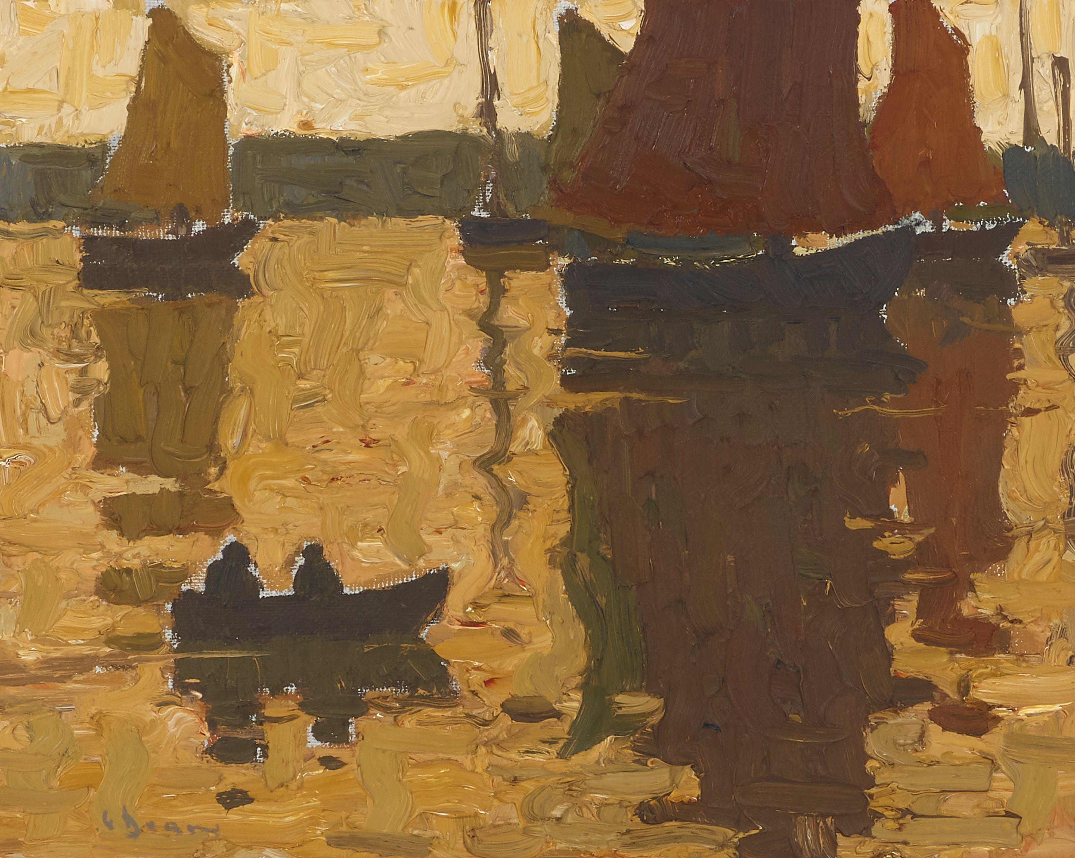 Glenn Dean - Two Figures in a Boat Along a Harbor 16 x 20 in. framed 23 x 27 in.