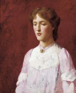 Glyn Warren Philpot, R.A., R.O.I., R.P., N.P.S. - Portrait of a lady, bust-length, in a pink and white dress