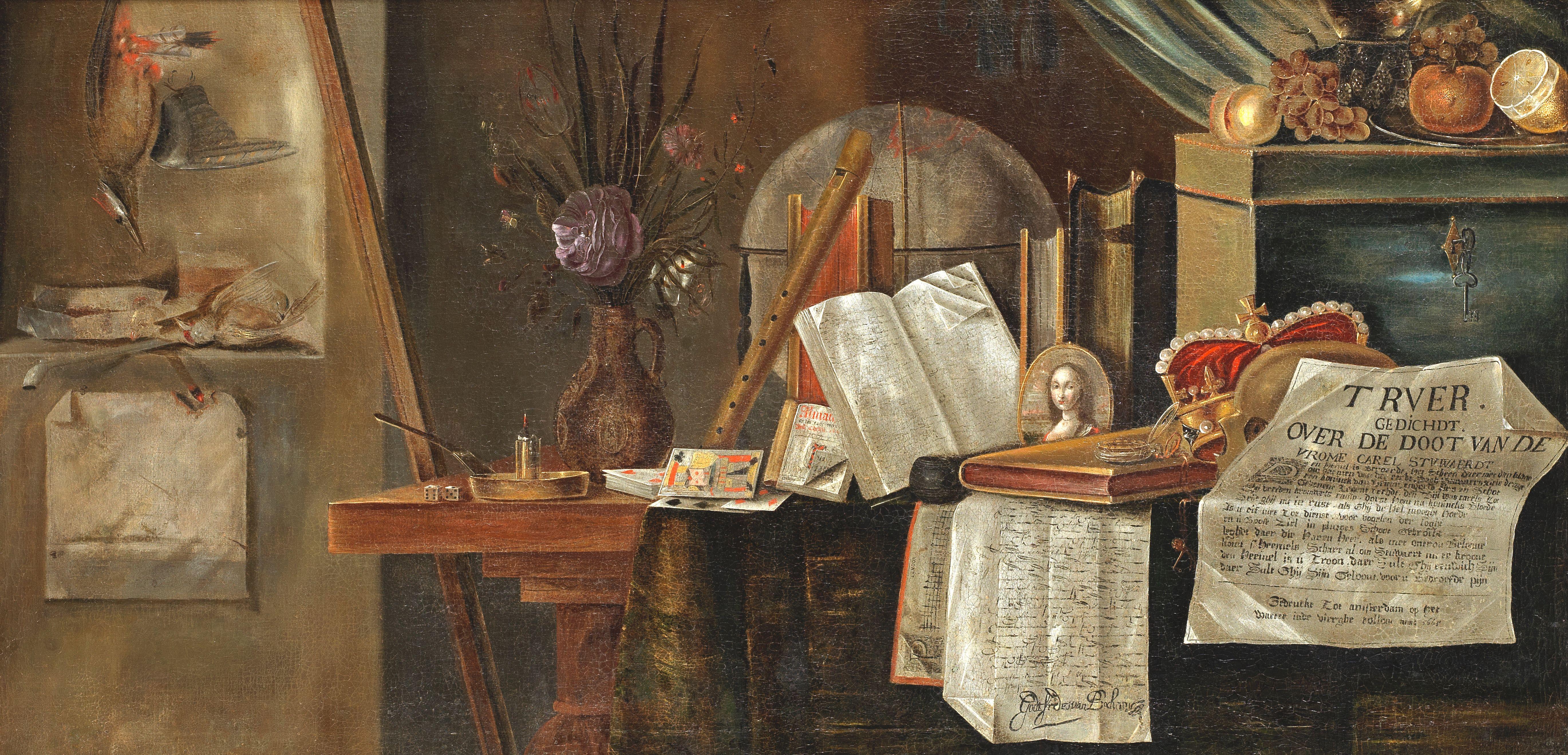 Godefried Bochoutt - Vanitas still life with a poem concerning the death of Charles I