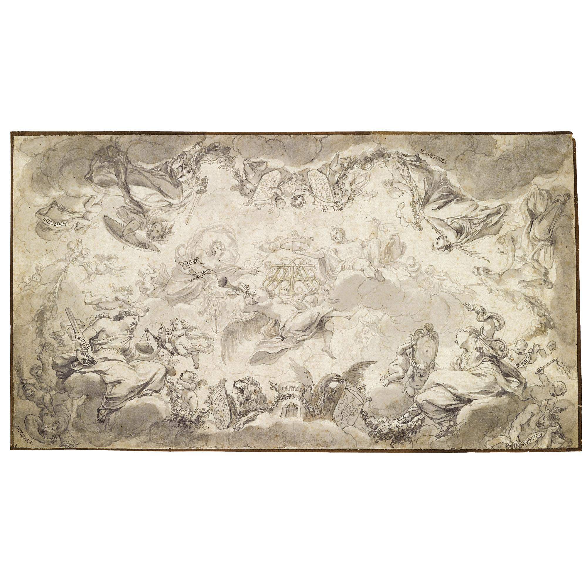 Godfried Maes - Design For A Ceiling Decoration With Allegorical Virtues Surrounding Entwined Initials Over Which Jupiter Holds A Crown