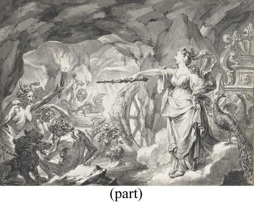 Godfried Maes - Mercury at the Temple of Minerva; Juno in Hades; Athamas tearing apart his Children; Aleithoe\'s Sisters transformed into Bats; Ceres transforming the Old Woman\'s Son into a Lizard; and Pluto carrying off Persephone
