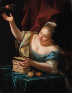 Godfried Schalcken - A woman, seated by a table in fancy costume, freeing a songbird from its cage