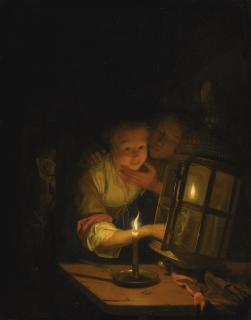 Godfried Schalcken - Lovers By Lantern-Light Observed