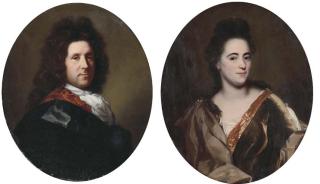 Godfried Schalcken - Portrait Of A Gentleman, Bust-Length, In A Brocaded Red Jacket And Black Cape; And Portrait Of A Lady, Bust-Length, In A Brown Velvet Dress And Brown Silk Shawl