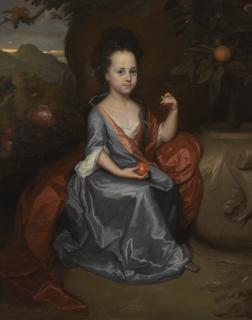 Godfried Schalcken - Portrait Of A Girl, Believed To Be Miss Anne Conslade, Wearing A Blue Dress With A Brown Mantle, Holding An Orange
