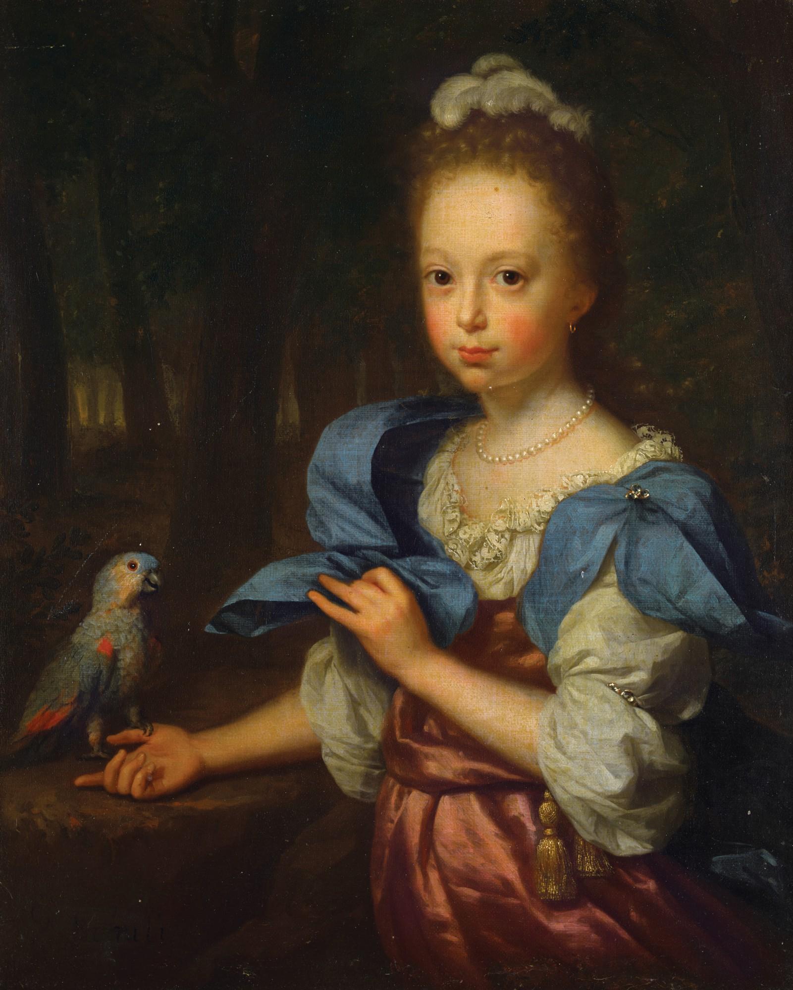 Godfried Schalcken - Portrait of a girl, three-quarter length, wearing a pink silk dress and blue wrap, with a parrot in a forest landscape