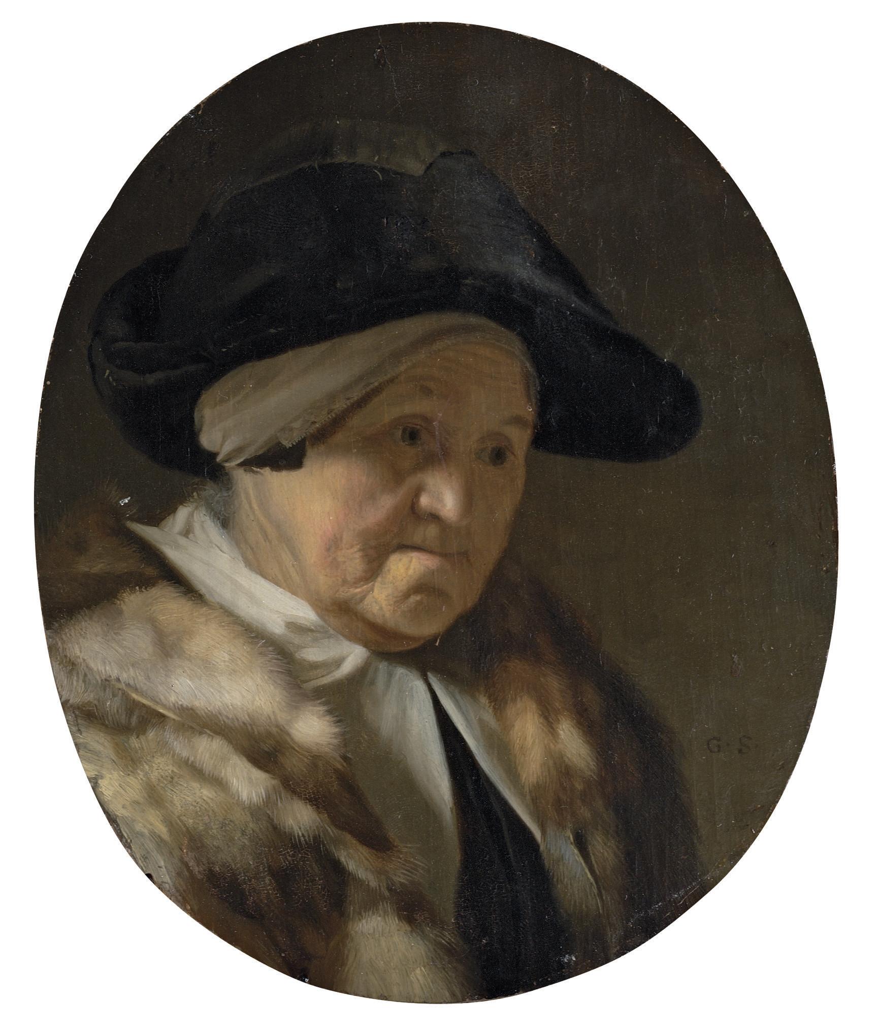 Godfried Schalcken - Portrait of a lady, bust-length, in a black hat and a fur mantle