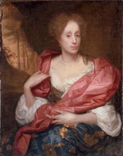 Godfried Schalcken - Portrait of a lady, three-quarter-length, in a blue dress with gold embroidery and a red shawl, seated in a landscape