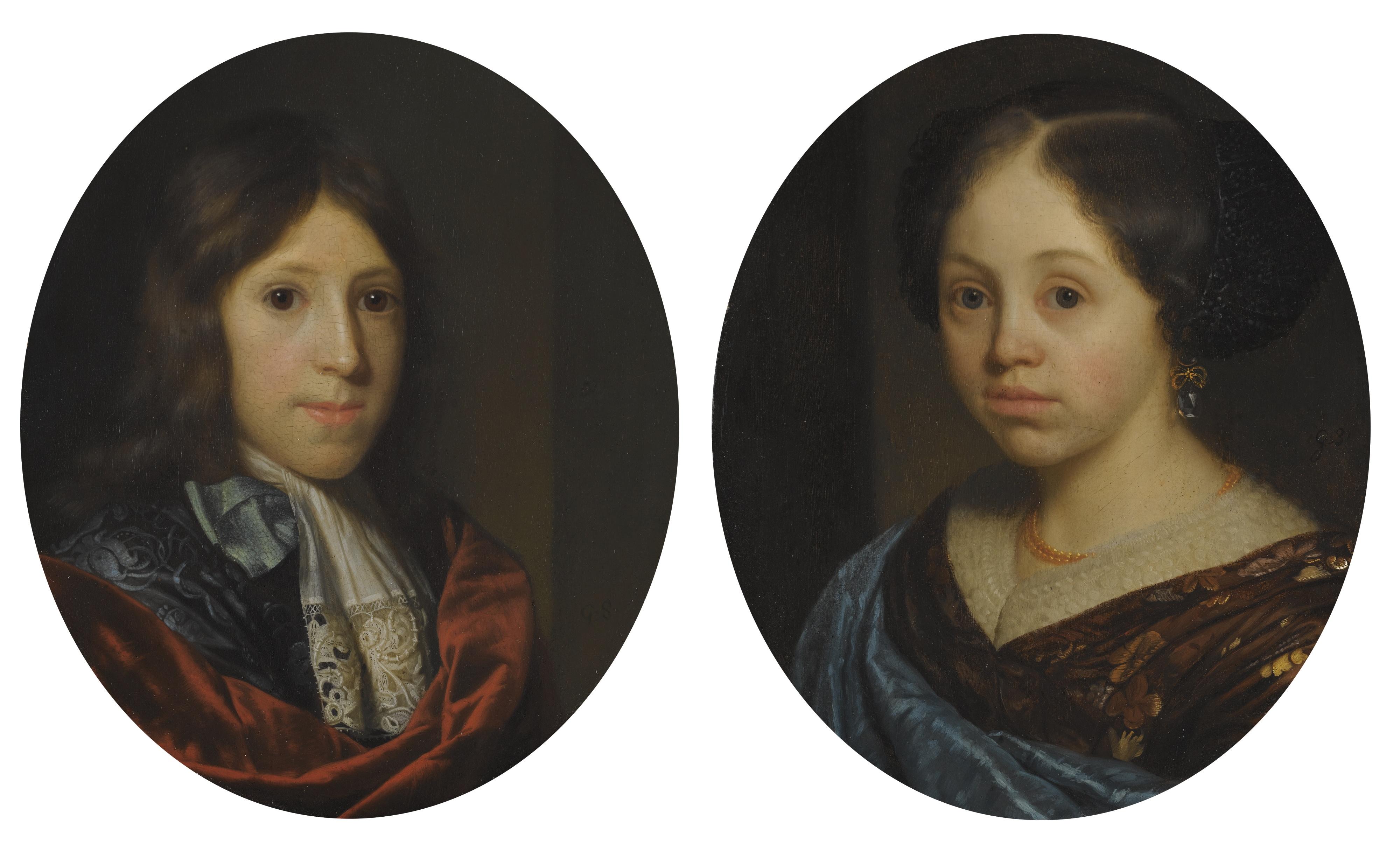 Godfried Schalcken - Portrait Of A Man, Head And Shoulders, Wearing A Blue Embroidered Shirt With A Red Sash; Portrait Of A Girl, Head And Shoulders, Wearing A Brown Shirt With A Blue Sash