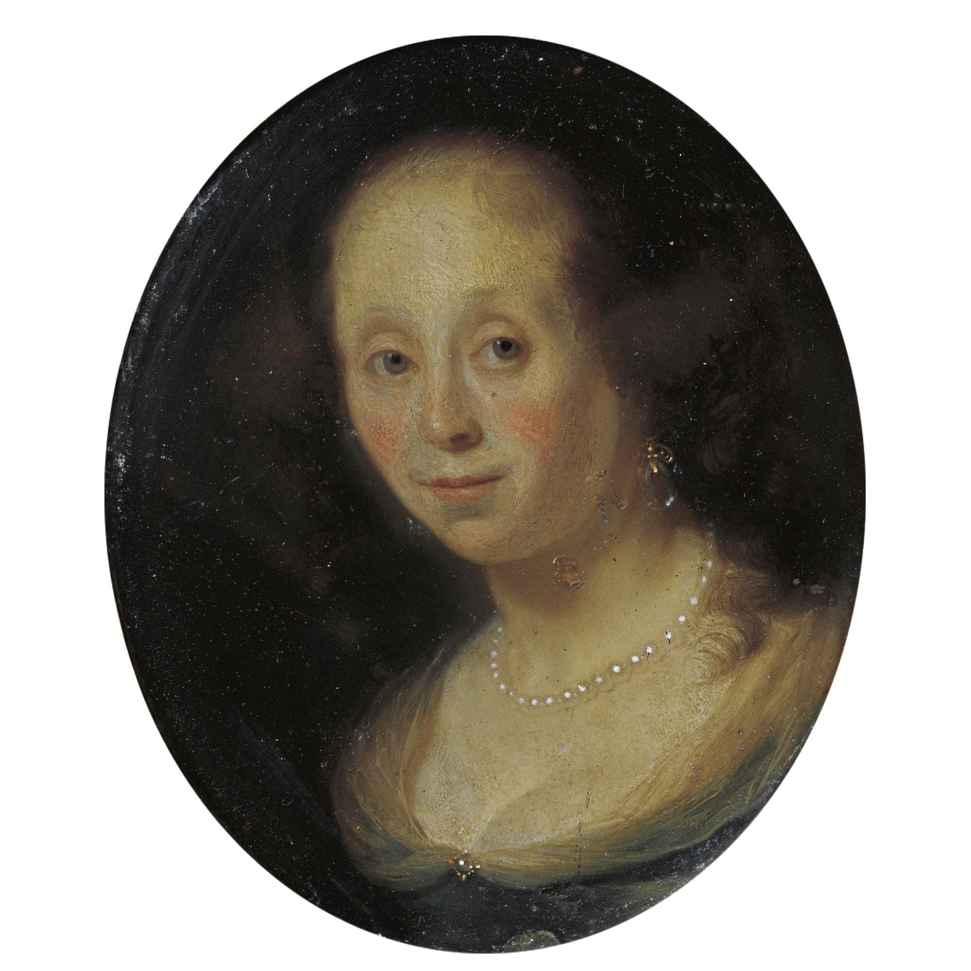 Godfried Schalcken - Portrait Of A Woman, Bust-Length, Wearing A Dark Green Dress With Mousseline, And A String Of Pearls