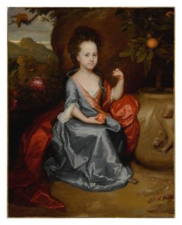 Godfried Schalcken - Portrait of a young girl, believed to be Anne Conslade, wearing a blue dress with a brown mantle and holding an orange