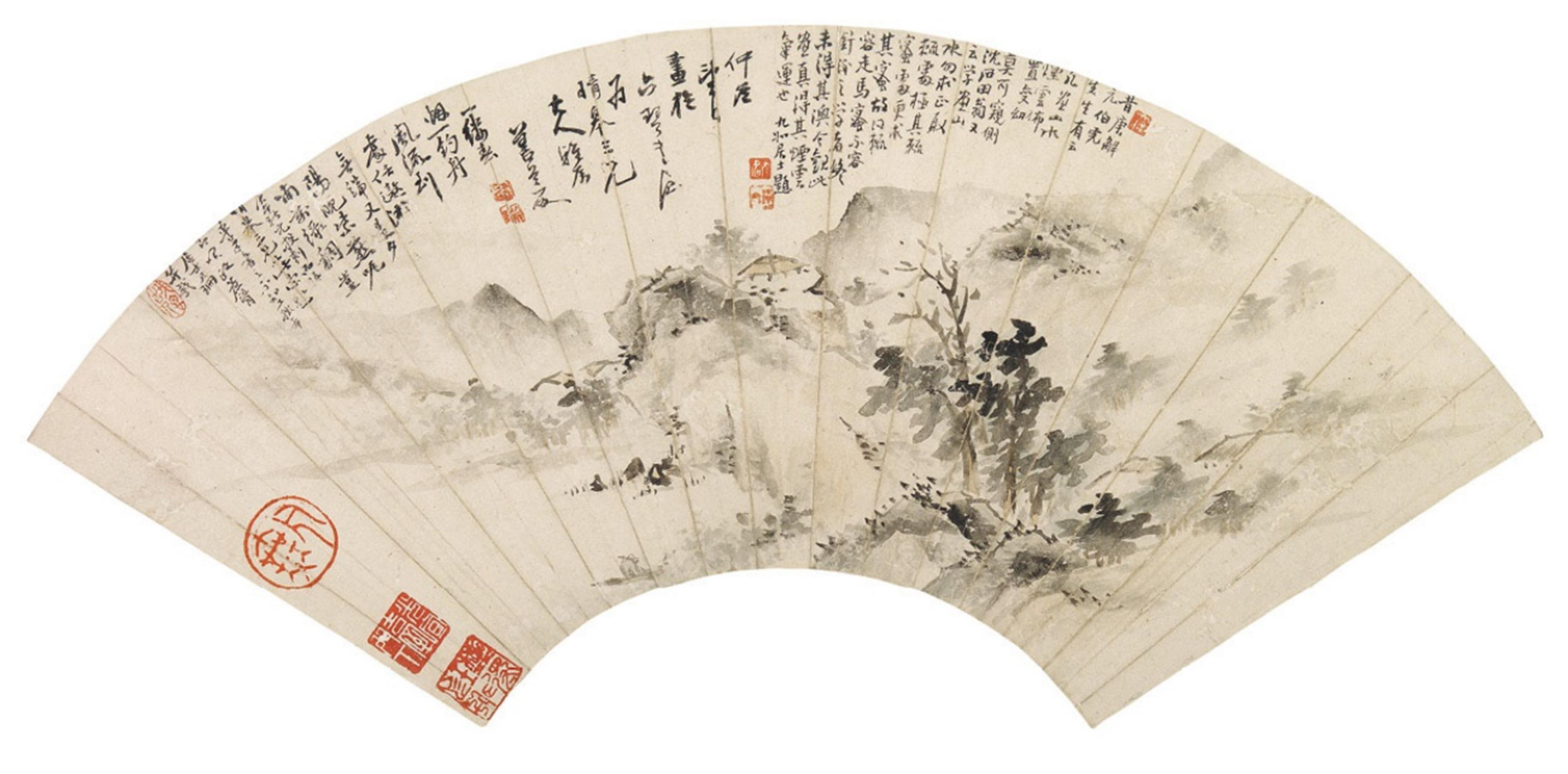 Gong Xian - Fächerbild. Berglandschaft mit Pavillon und Berghütten. Tusche und leichte Farbe auf Papier. Aufschriften.