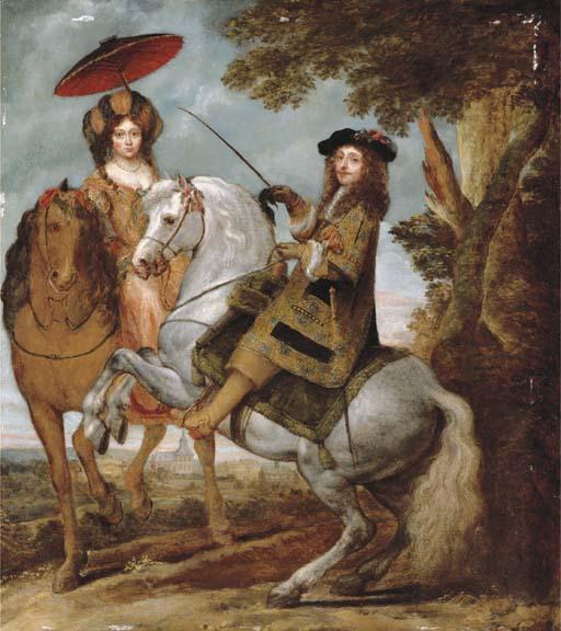 Gonzales Coques - An Equestrian Portrait of An Elegant Gentleman And Lady In A Wooded Landscape, A Village Beyond