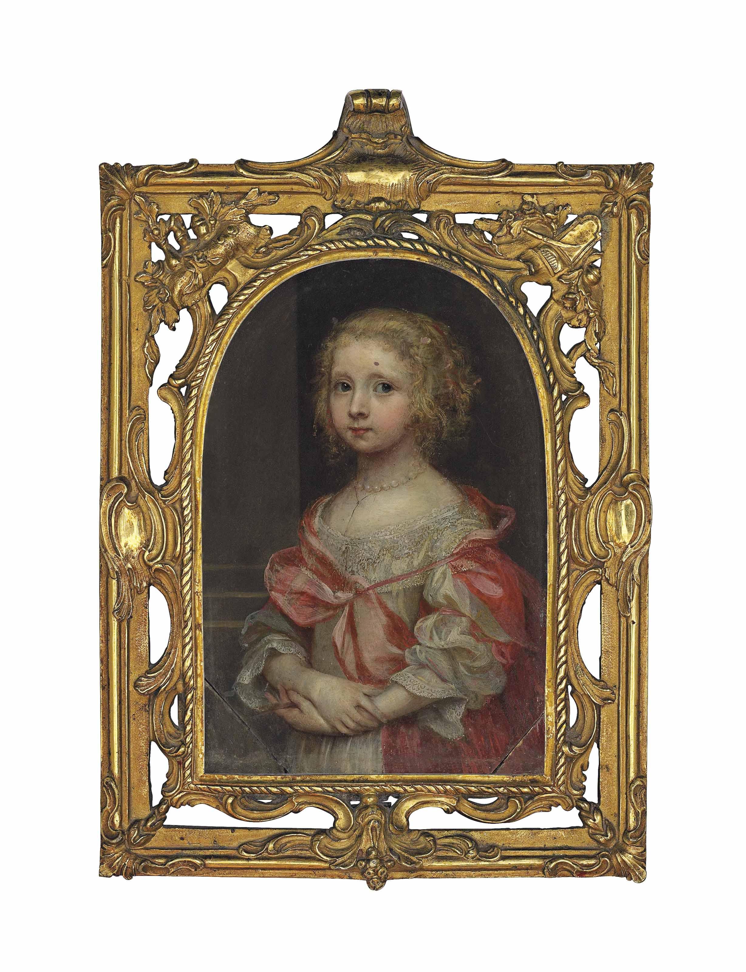 Gonzales Coques - Portrait Of A Girl, Half-Length, In A White Lace-Trimmed Dress And Red Cloak, With A Pearl Necklace