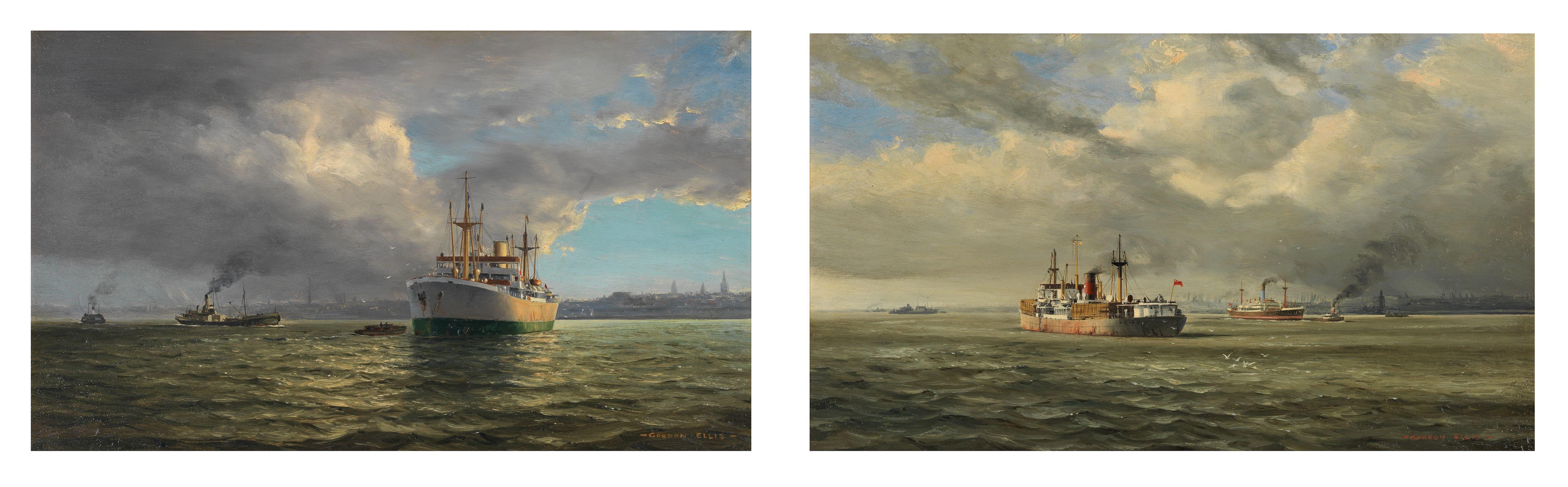 Gordon Ellis - Mersey shipping waiting for the tide; Mersey shipping the deck cargo, a pair