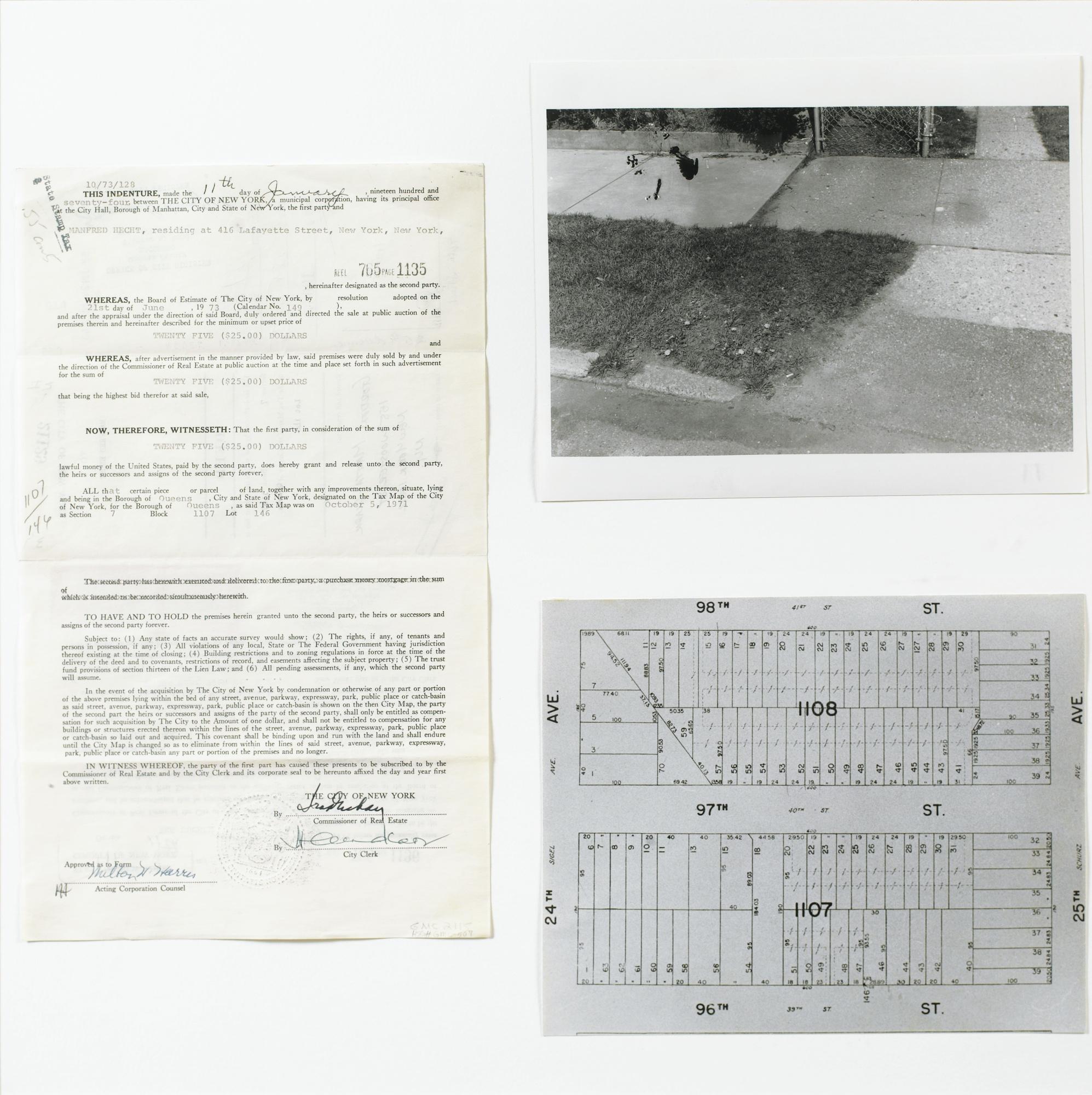 Gordon Matta-Clark - \'Realty Position - Fake Estate Block 1107 Lot 146 At 96Th Street\', 1973Mixed Media Work In Two Parts. Black And White Photographs And Document With Black And White Photographs. Framed.