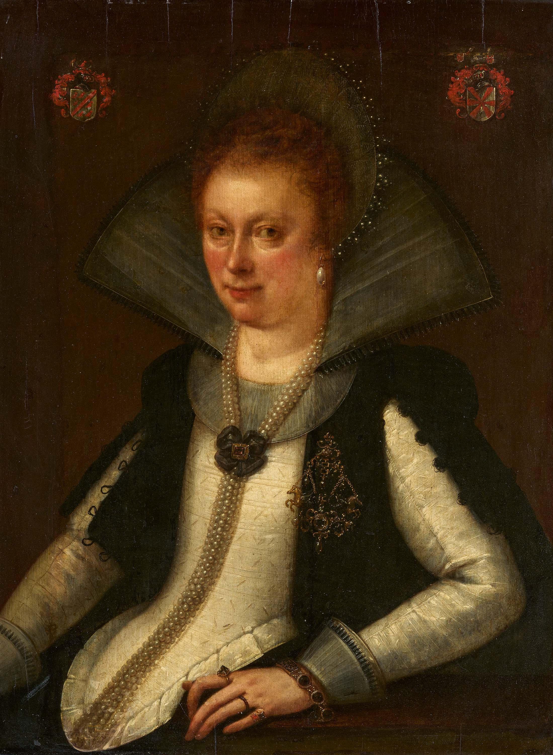 Gortzius Geldorp - Porträt von Anna Catharina Waldbott von Bassenheim zu Gudenau (1587 - 1666) im weißen Mieder und schwarzem Mantel nebst kostbarem Perlenschmuck.