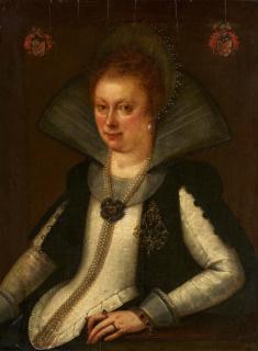 Gortzius Geldorp - Porträt von Anna Catharina Waldbott von Bassenheim zu Gudenau (1587 - 1666) im weißen Mieder und schwarzem Mantel nebst kostbarem Perlenschmuck.