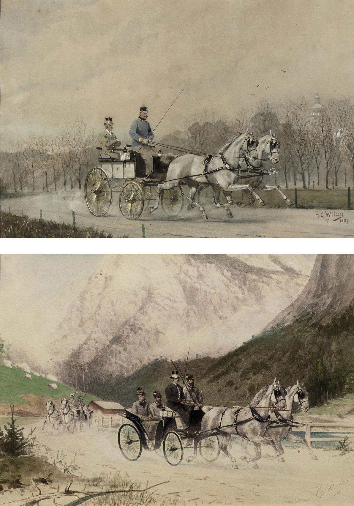 Gottfried A. Wilda - Erzherzog Franz Ferdinand als Selbstfahrer inn Wiener Prater; and Kaiser Franz Jozef und der Kronprinz in Radmer