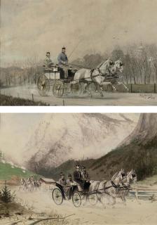 Gottfried A. Wilda - Erzherzog Franz Ferdinand als Selbstfahrer inn Wiener Prater; and Kaiser Franz Jozef und der Kronprinz in Radmer
