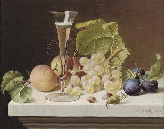 Gottfried Schultz - Grapes, peaches, plums, nuts and a glass of champagne on a marble ledge