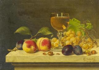 Gottfried Schultz - Stillleben mit Obst und einem Glas Wein