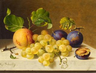 Gottfried Schultz - Stillleben mit Weintrauben, Pflaumen und einem Pfirsich