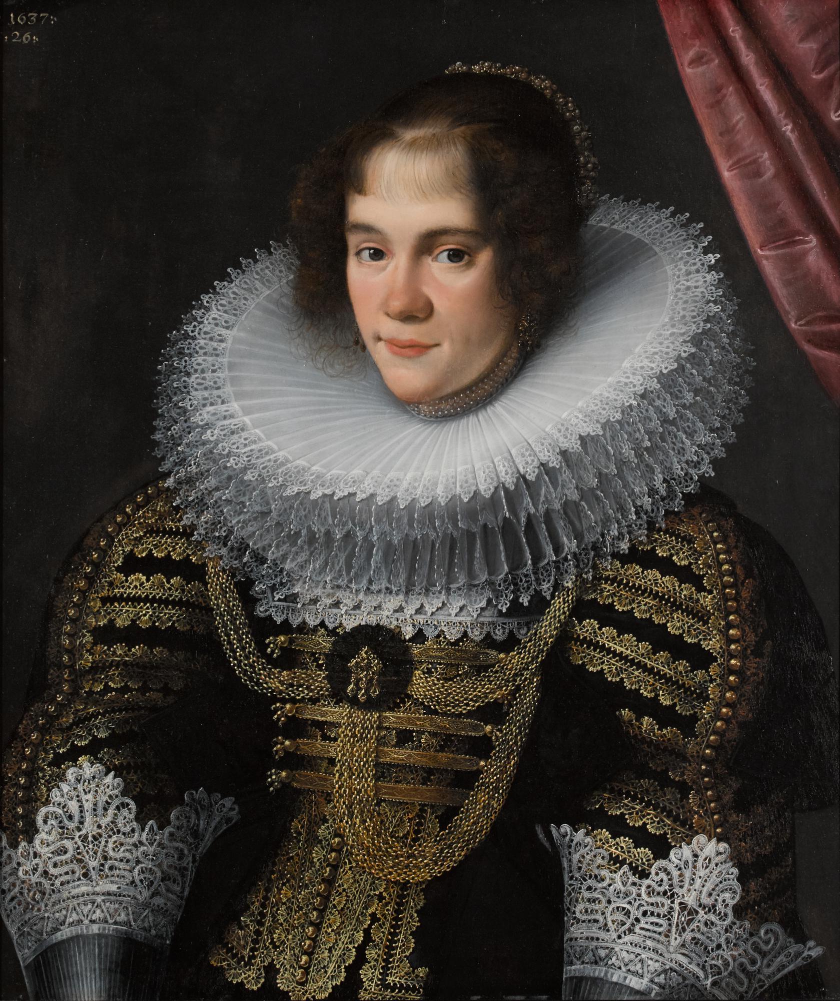 Gottfried Von Wedig - Portrait Of A Lady, Aged 26, Half-Length, Wearing A Black Dress With Elaborate Gold Embroidery, Gold Chains, Lace Cuffs And Collar, Pearl Jewellery And A Bonnet