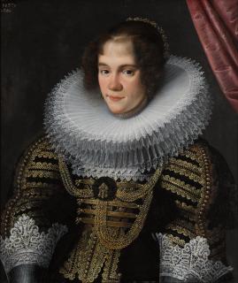 Gottfried Von Wedig - Portrait Of A Lady, Aged 26, Half-Length, Wearing A Black Dress With Elaborate Gold Embroidery, Gold Chains, Lace Cuffs And Collar, Pearl Jewellery And A Bonnet