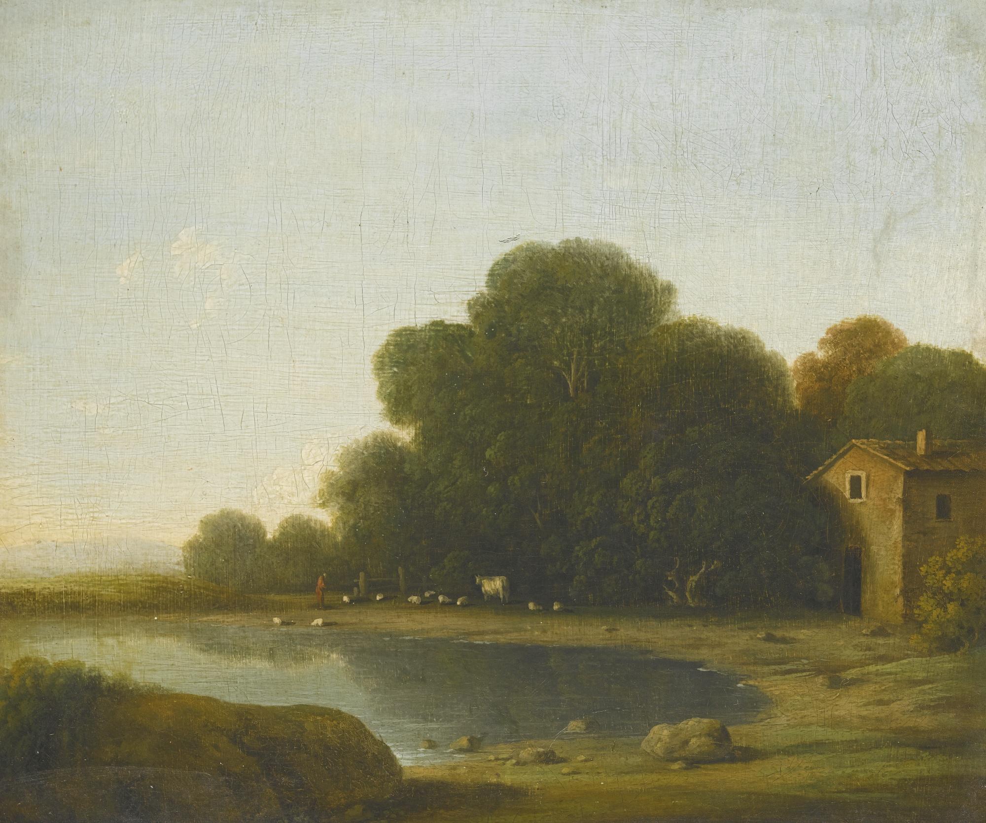 Gottfried Wals - Landscape With A Herdsman Watering His Animals On The Shore Of A Lake, A Farmhouse On The Right