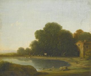 Gottfried Wals - Landscape With A Herdsman Watering His Animals On The Shore Of A Lake, A Farmhouse On The Right