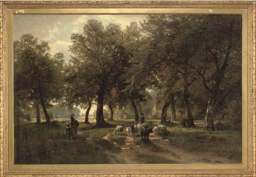 Gottlieb Daniel Paul Weber - A shepherd with sheep on a sunlit country track