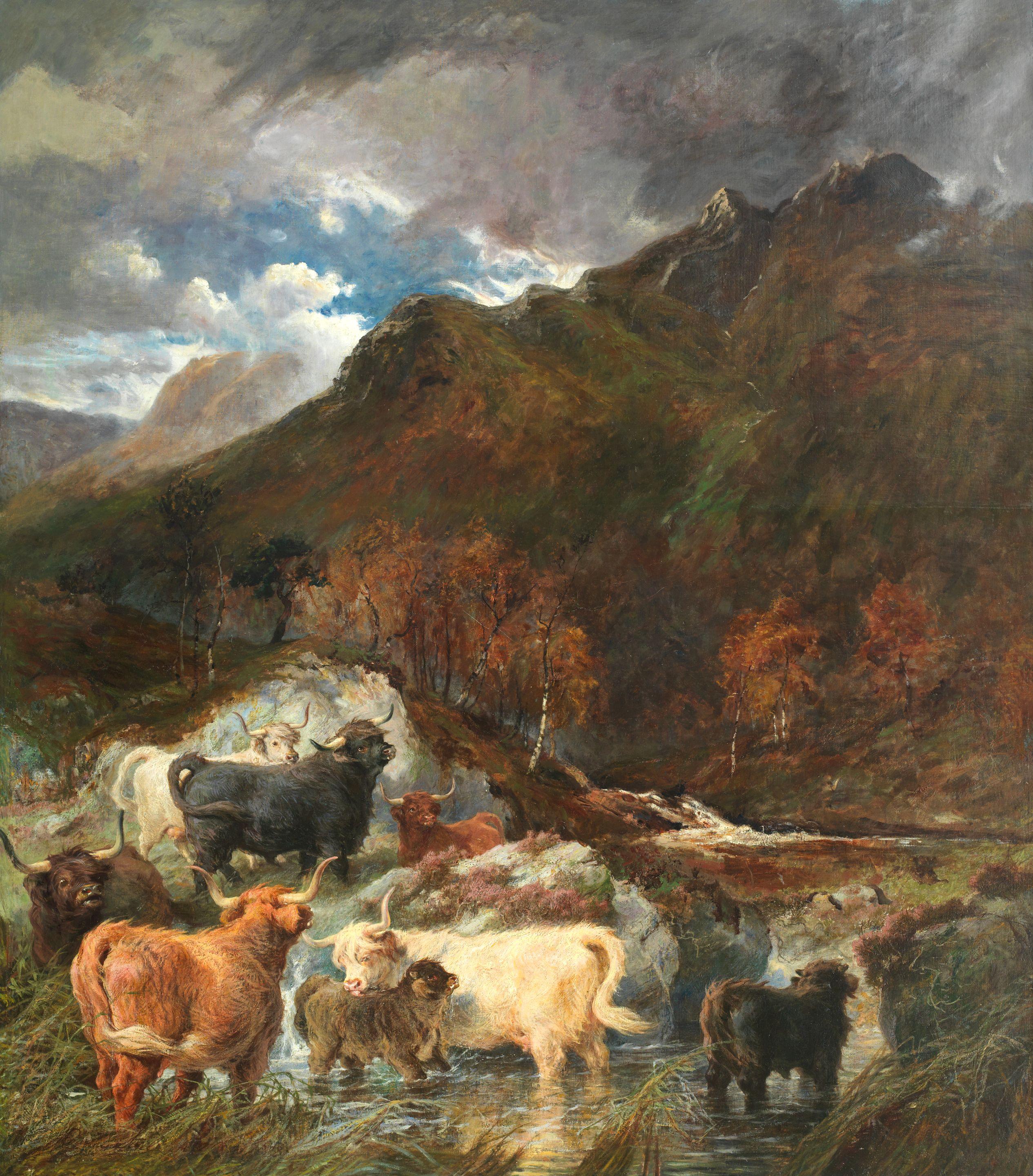 Gourlay Steell RSA - Highland cows by a stream