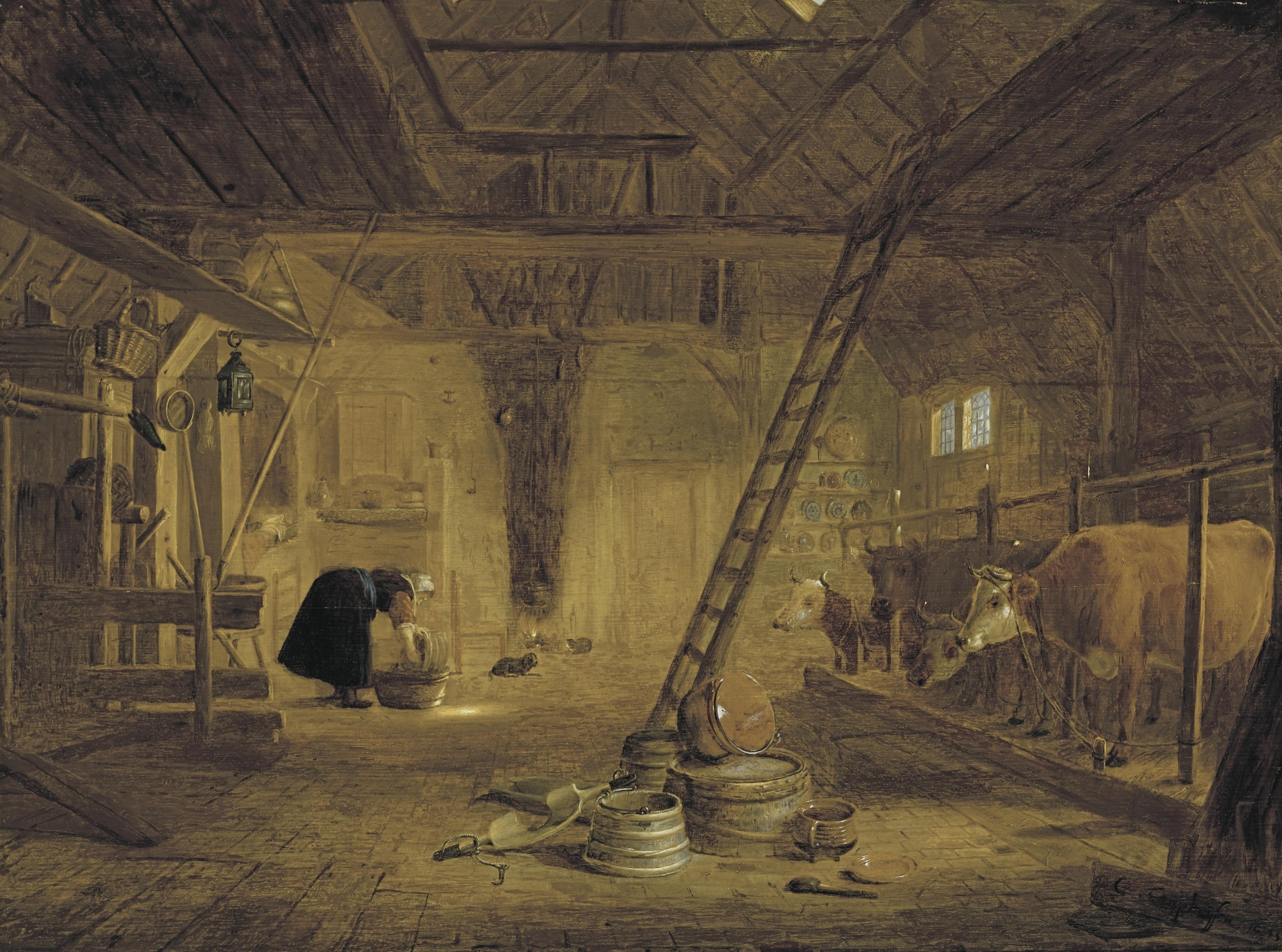 Govaert Dircksz. Camphuysen - A Barn Interior With Four Cows, A Milk Maid Cleaning A Pot, And Earthenware Pots In The Foreground