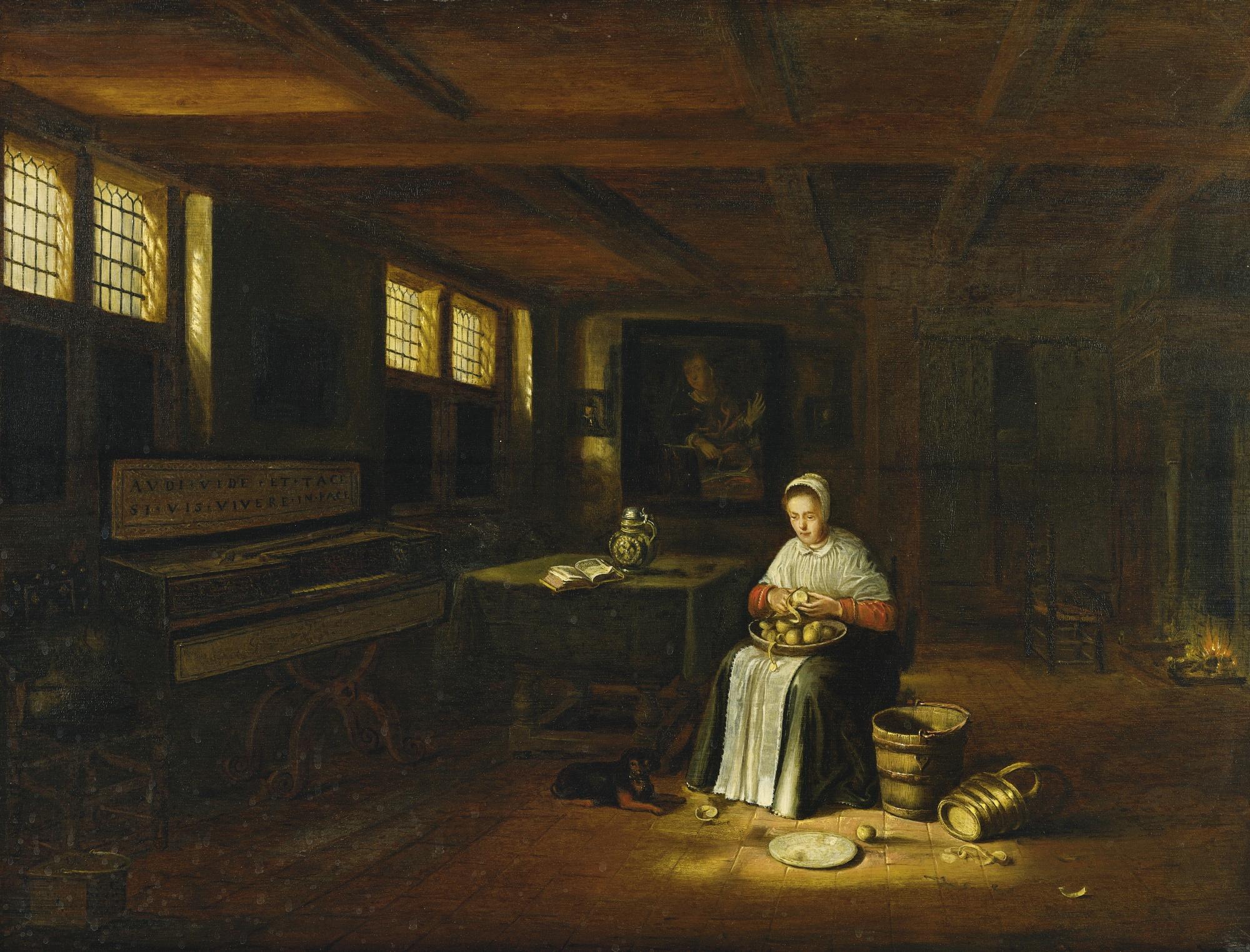 Govaert Dircksz. Camphuysen - A Woman In An Interior Peeling Vegetables