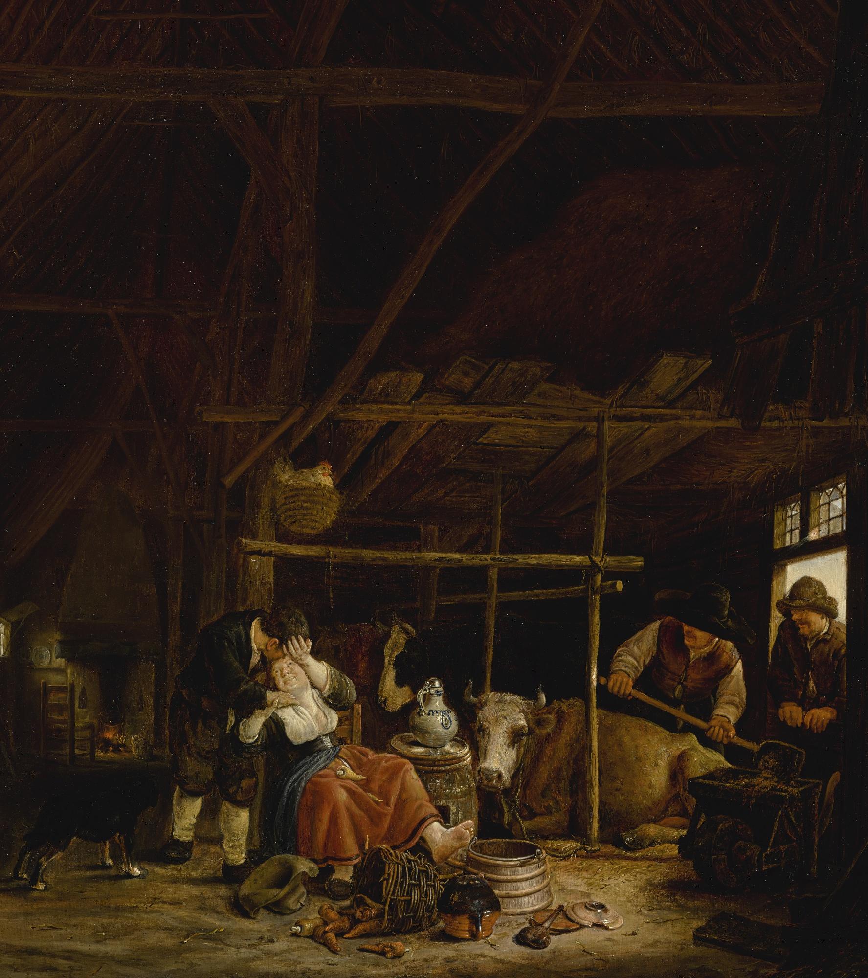 Govaert Dircksz. Camphuysen - An Amorous Couple In A Barn With Herdsmen At The Door