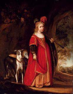 Govaert Flinck - Portrait of a young girl as Diana, in a glade with two greyhounds