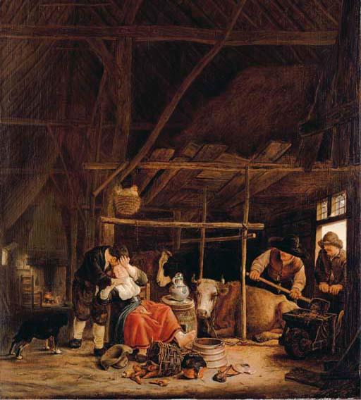 Govert Dircksz. Camphuyzen - An amorous couple in a barn with herdsmen at the door