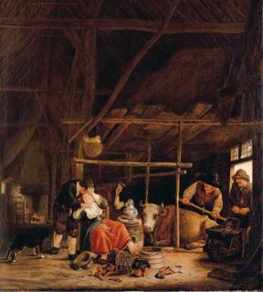 Govert Dircksz. Camphuyzen - An amorous couple in a barn with herdsmen at the door