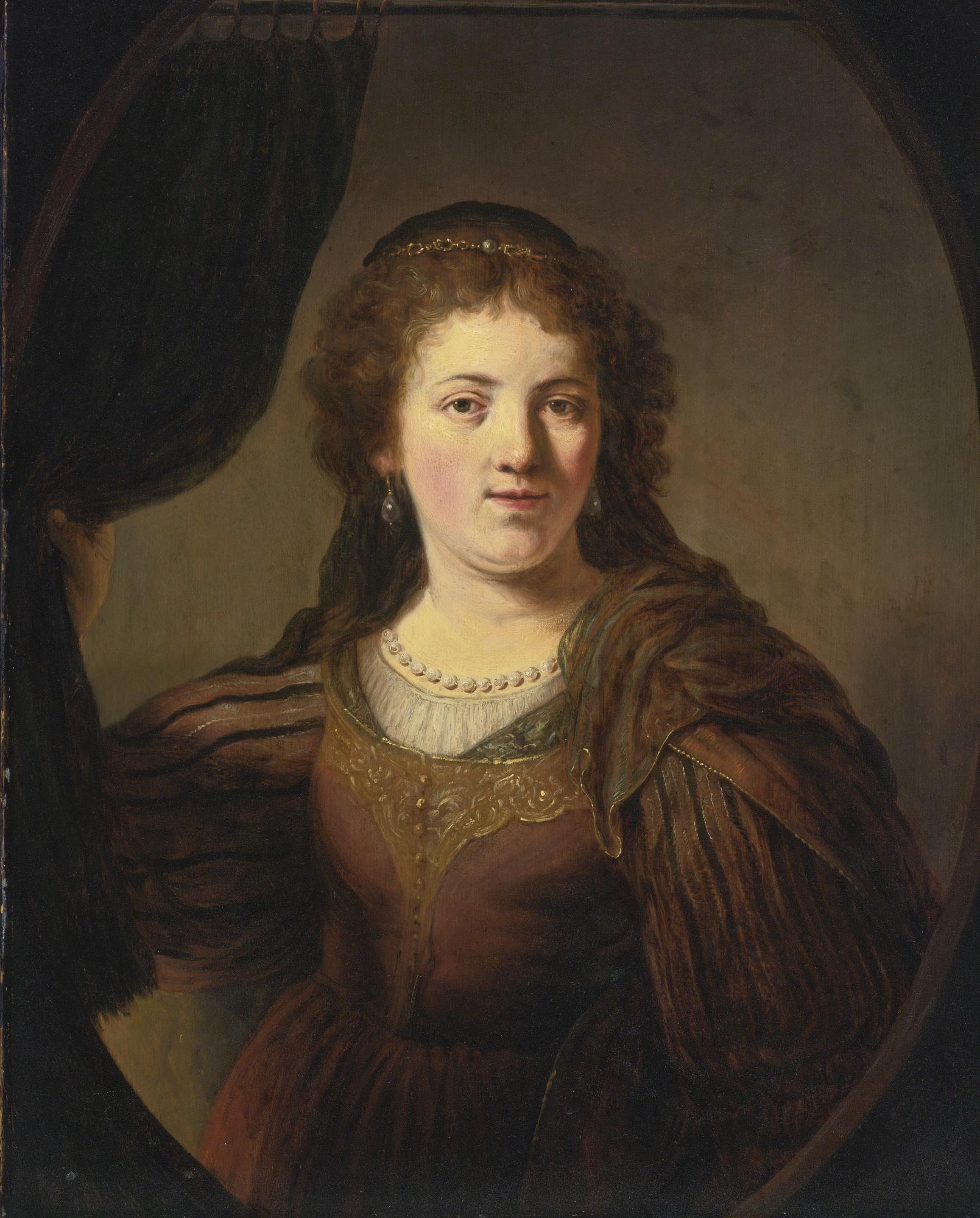 Govert Flinck - A \'Tronie\' Of A Young Woman In An Eastern Costume Drawing A Curtain To One Side, In A Painted Oval