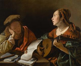 Govert Flinck - A Young Lady Playing The Lute To A Young Man Reading, Or An Allegory Of Sight And Hearing