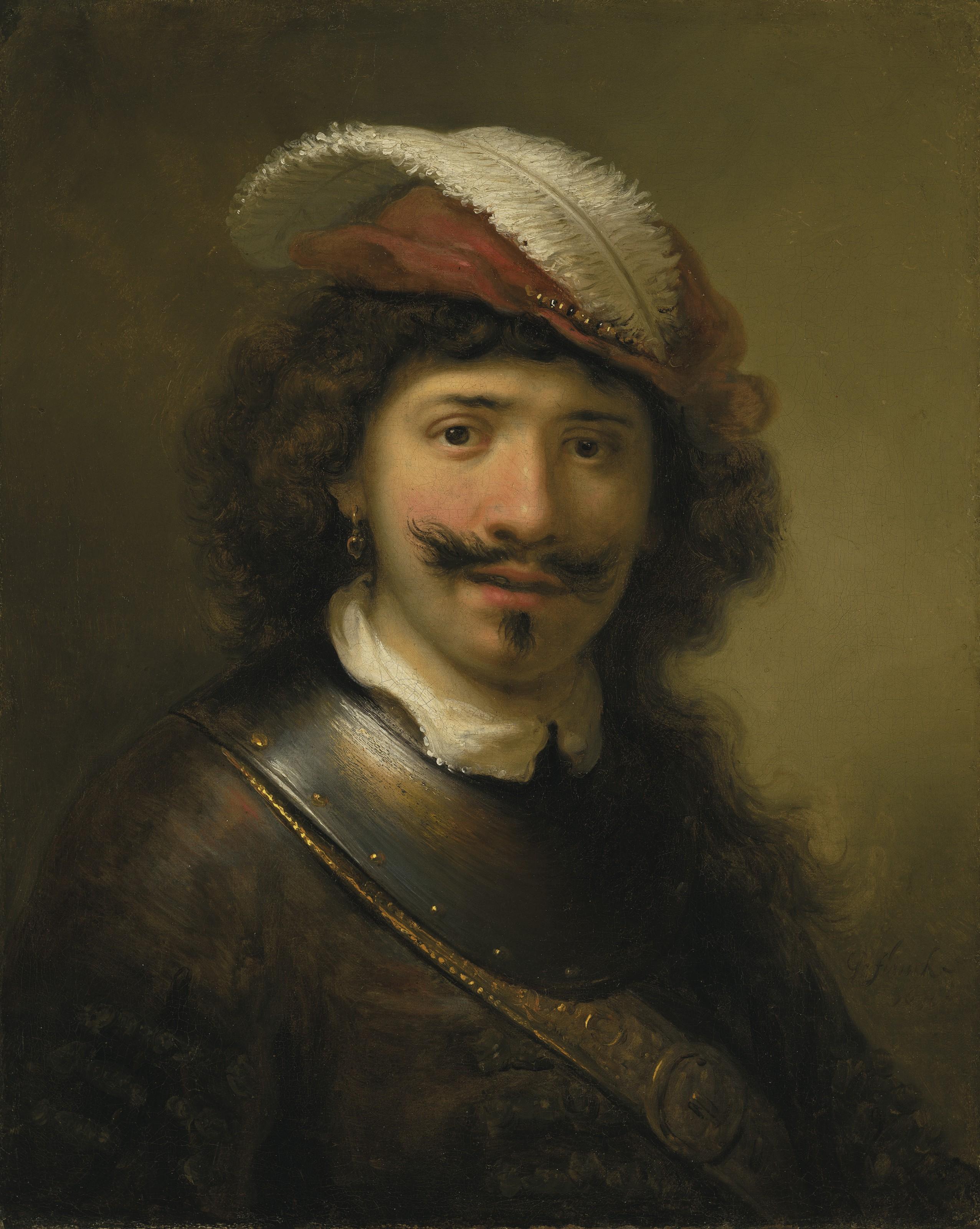 Govert Flinck - A young man in a gorget with a plumed hat
