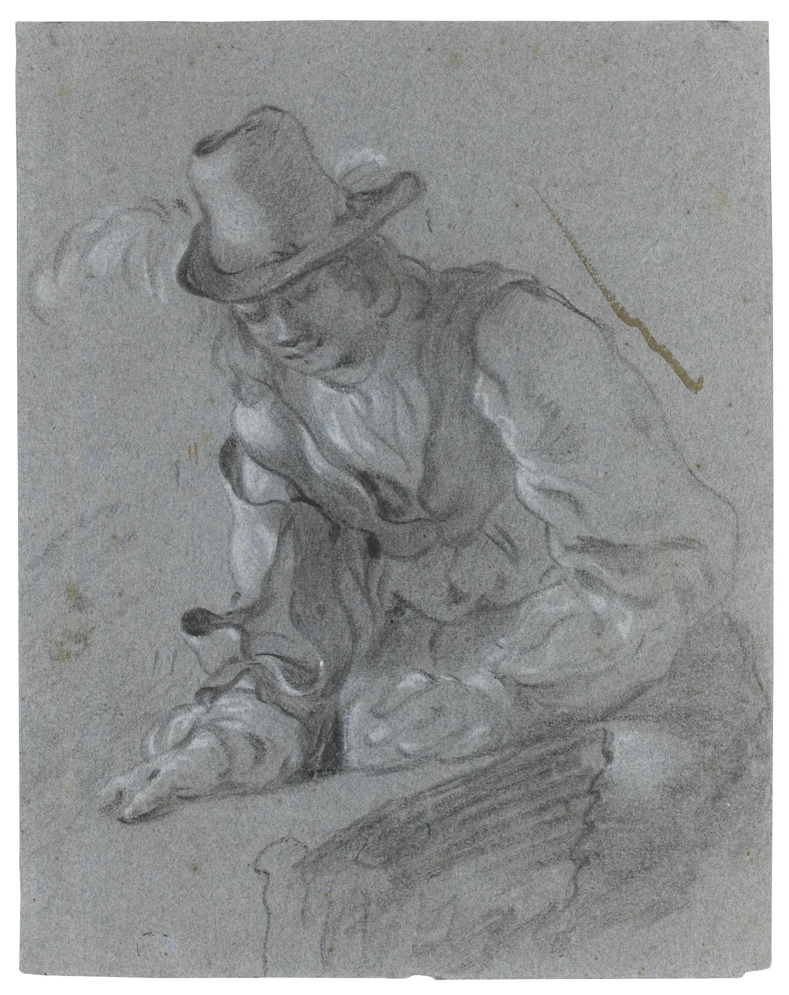 Govert Flinck - Study Of A Young Man Wearing A Plumed Hat, Leaning Over A Table