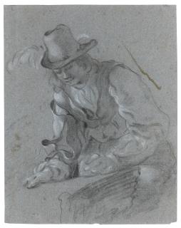 Govert Flinck - Study Of A Young Man Wearing A Plumed Hat, Leaning Over A Table