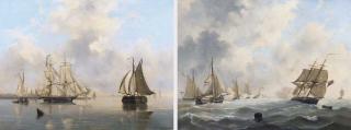 Govert Van Emmerik - A calm: shipping by a harbour entrance; Dutch sailingvessels attacking an English fleet