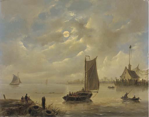 Govert van Emmerik - Approaching a harbour town by moonlight