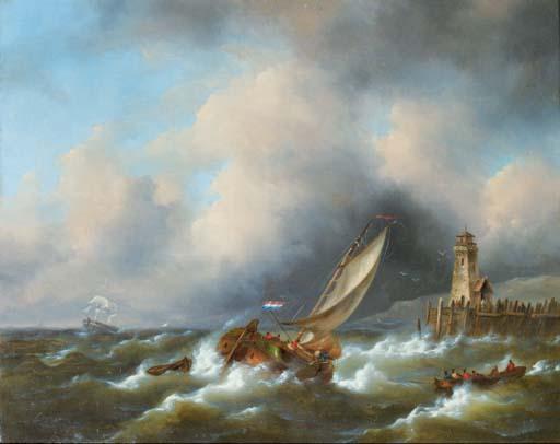 Govert van Emmerik - Sailing in a stiff breeze by a coast