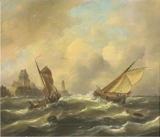 Govert Van Emmerik - Sailing in a stiff breeze by a coast
