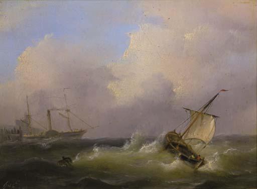 Govert Van Emmerik - Shipping in stormy weather, a steamer beyond