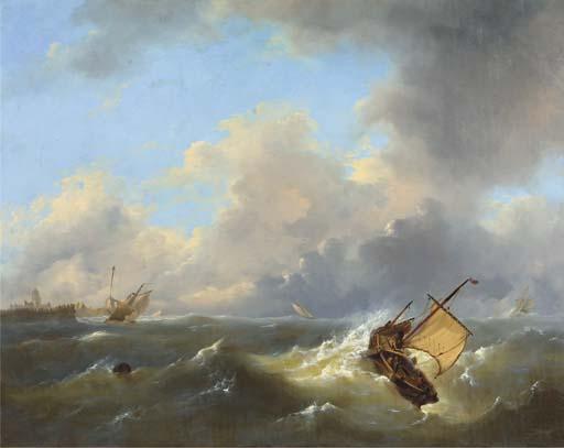 Govert Van Emmerik - Shipping on a choppy sea by a coast